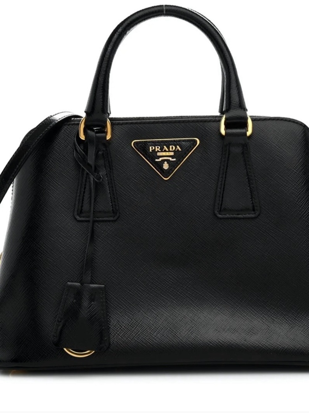 Prada Black Saffiano Leather Satchel tote bag with gold details